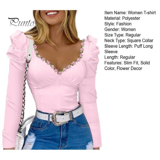 Women Spring Summer Tops Square Collar Puff Long Sleeve T-shirt Flower Decor Solid Color Slim Fit Tee Shirt Streetwear