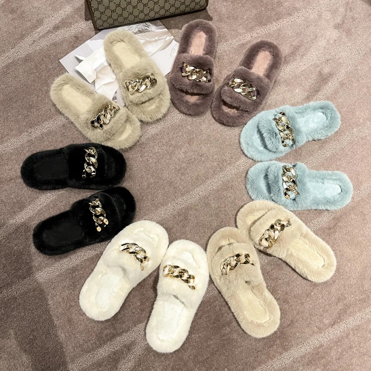 Зимние тапочки женские цепочные толстые подошвы плюшевые тапочки модные женские уличные — фото 7