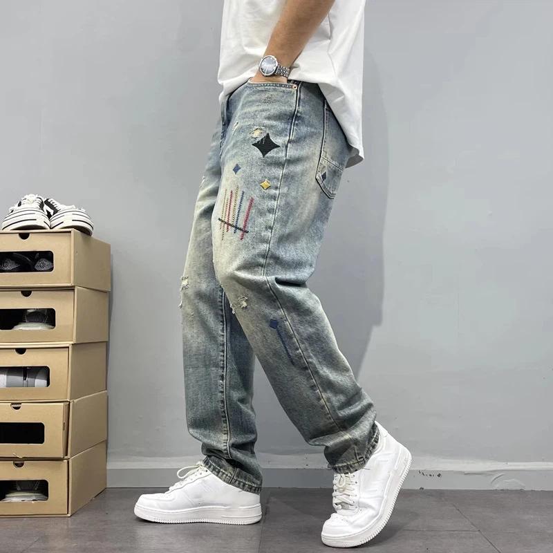 Jeans Rotos Lavados Retro para Hombre Tendencia Sueltos Estampados Rectos