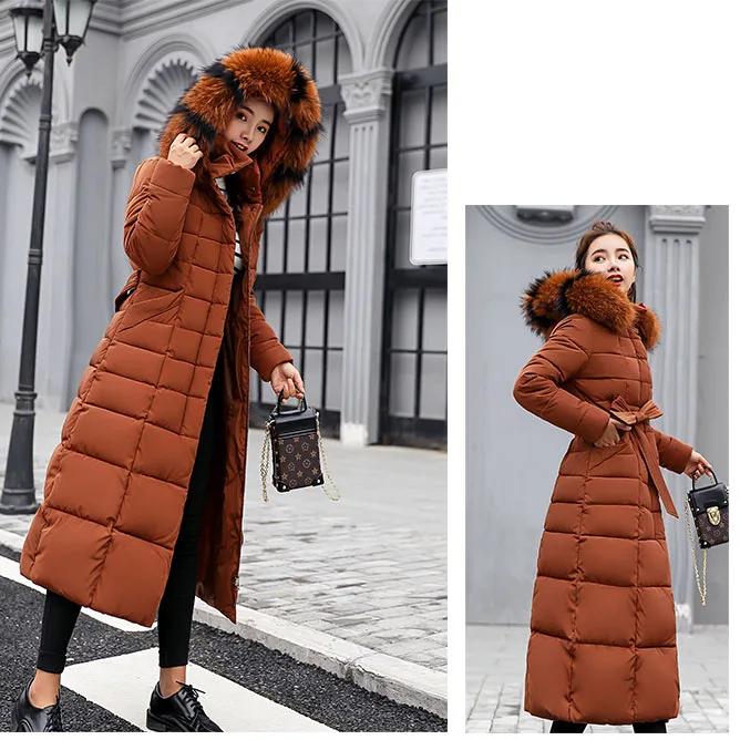 Long Down Cotton Parkas Coat Female New Winter Over Knee Loose Large Fur Collar Hooded Warm Thick Parkas Women  Padded Overcoat