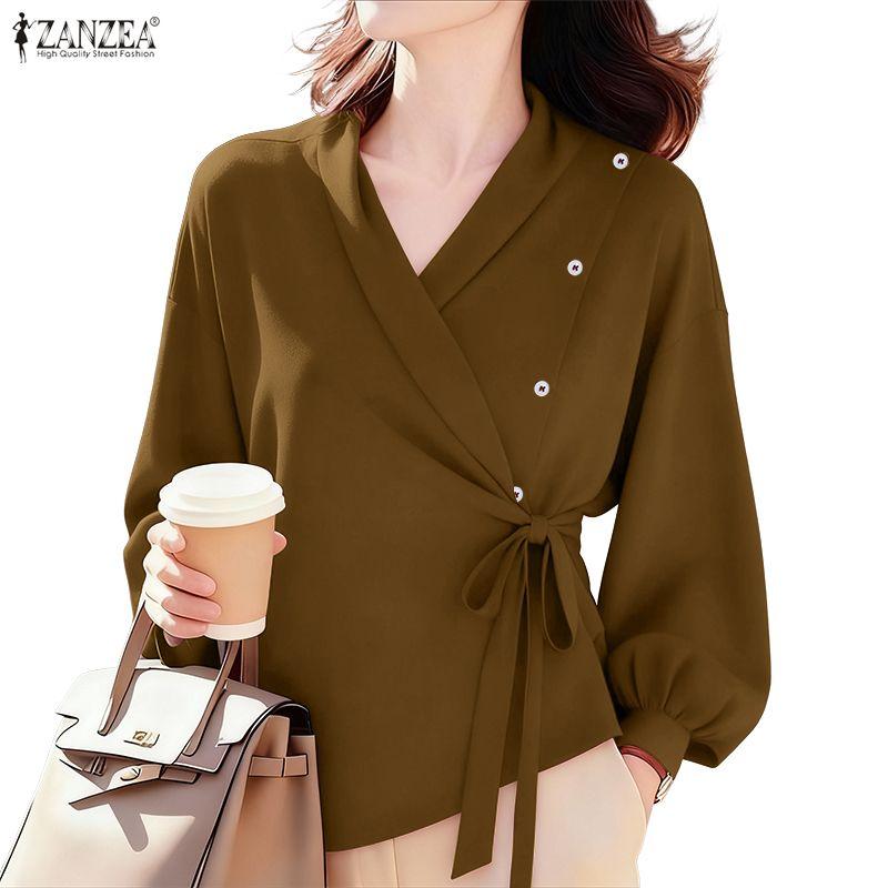 ZANZEA Lässige Bluse mit V-Ausschnitt und langen Ärmeln für Damen
