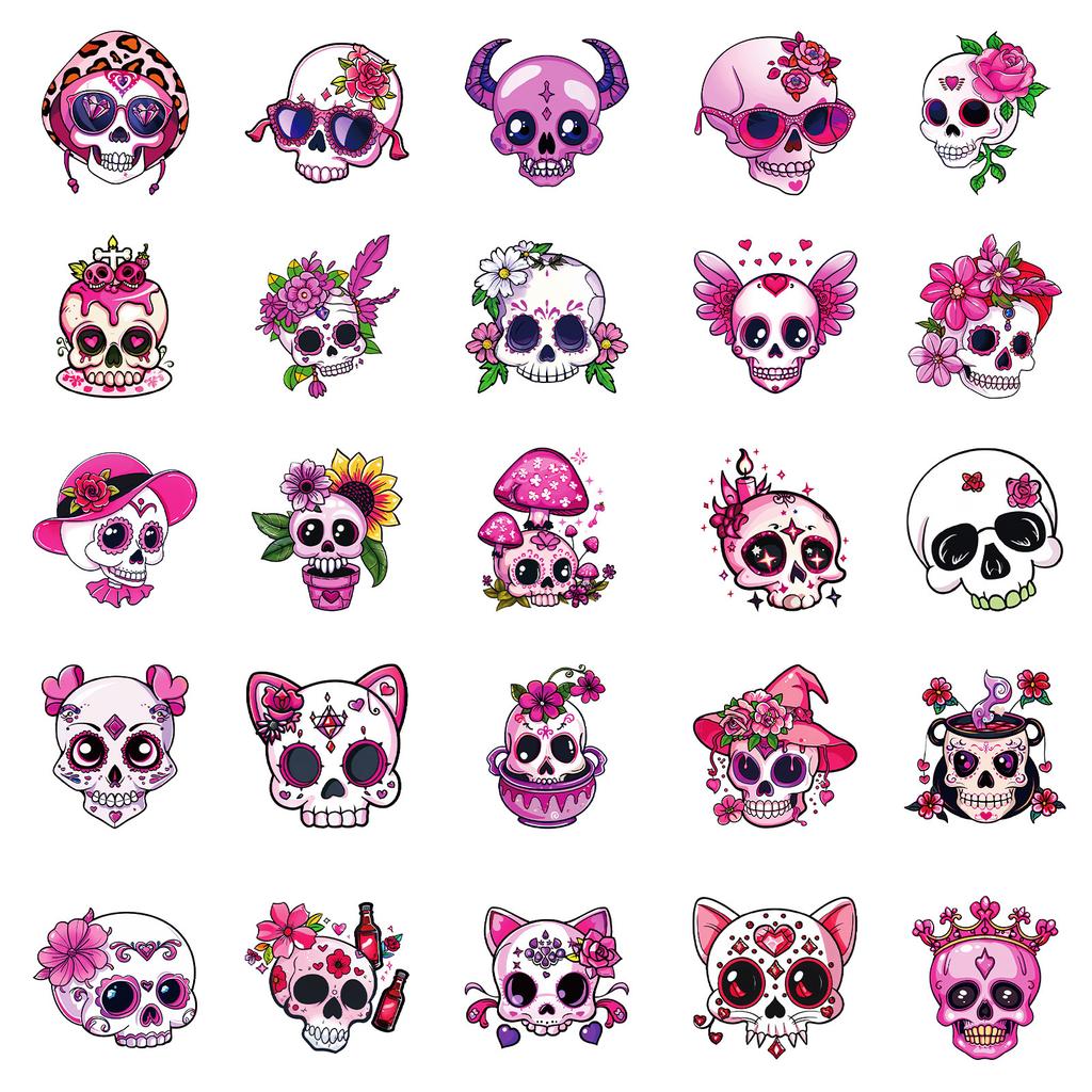 50 Gothic Creative Trend Pink Skull Stickers DIY Handbook Materials Halloween Party Decoration Graffiti