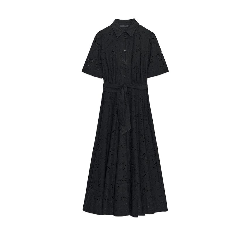 Summer New Product Women's Clothes with Belt Flip Collar Cut Out Embroider Shirt Short Sleeve Dress 8223087