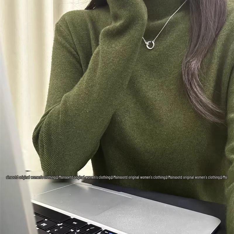Olive Green Women's Slimming Knit Sweater - Autumn/Winter Half-High Neck Base Layer