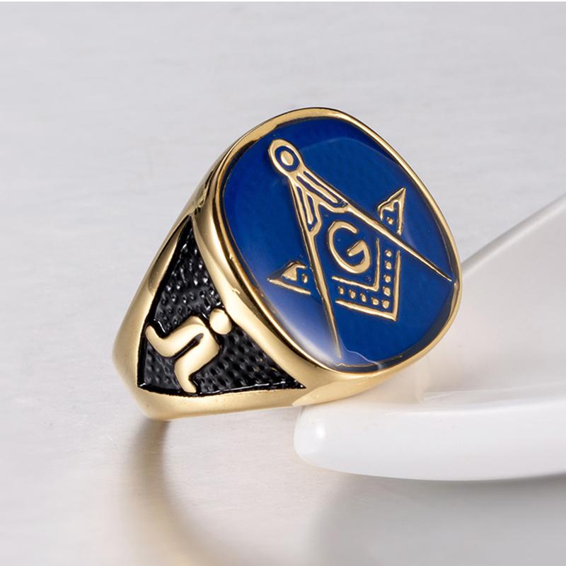 Anello Massonico Blu Oro Vintage Acciaio al Titanio Punk Retro Hip Hop Gioielli Fratellanza per Uomini Accessori Massonici