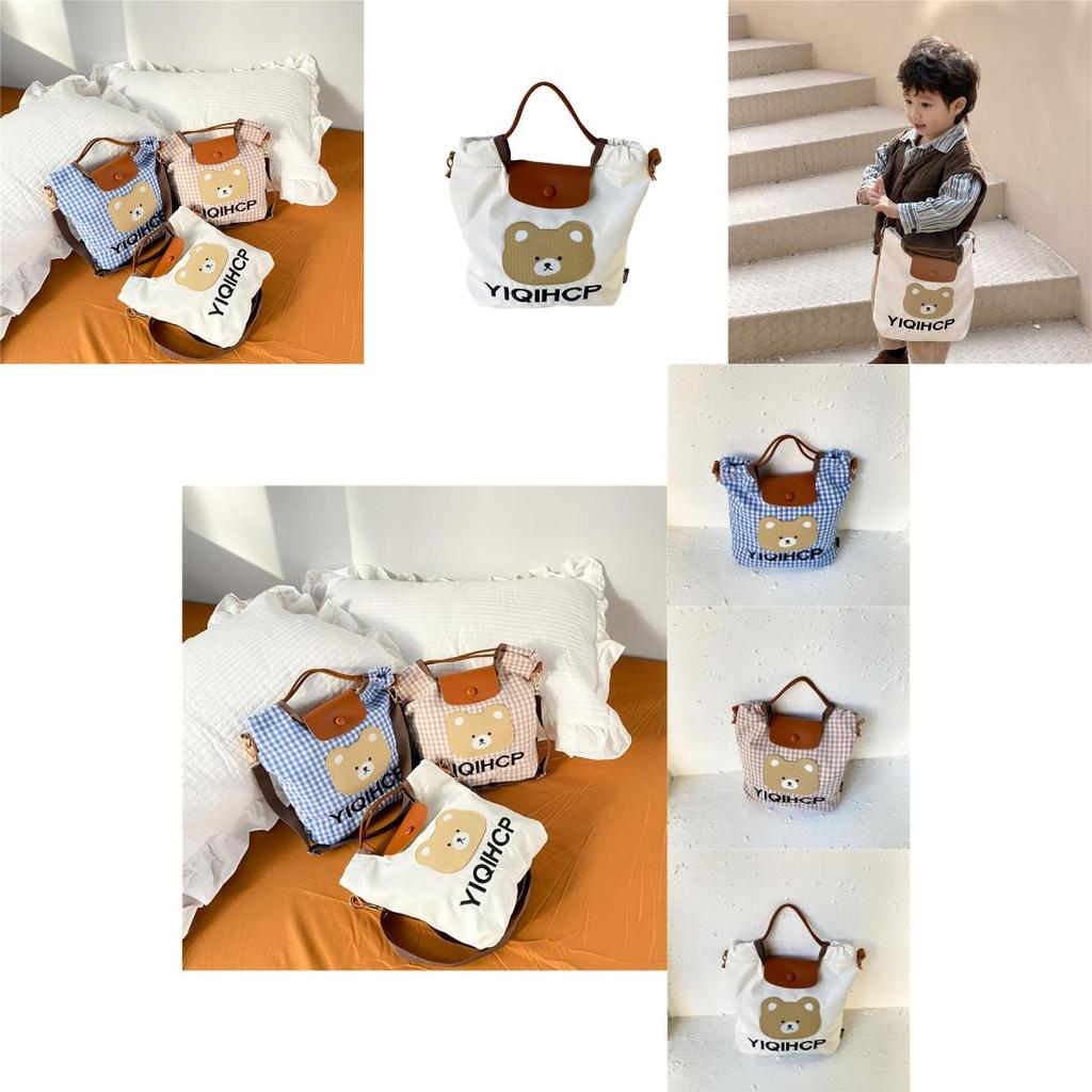 Adorable Kids Bear Pattern Gingham Tote Bag Stylish Springtime Crossbody For Girls