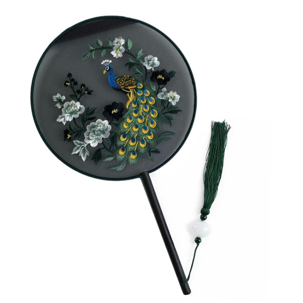 Chinese Style Double Sided Embroidery Fan Long Handle Vintage Hand Fan Dance Fan Party