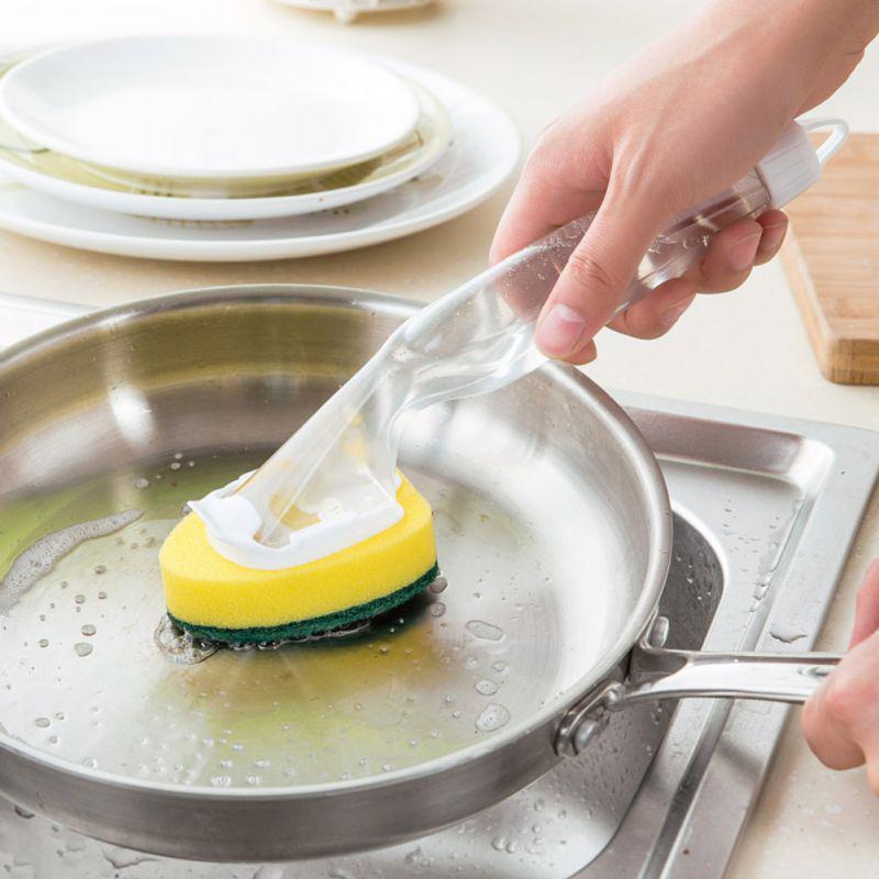 Kitchen Cleaning Supplies Brushing Pot Sponge Brush(Optional 1 Brush With Handle And 2 Refill Replacement Heads), Detachable Handle Adding Cleaner