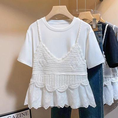 Women's 2026 Summer Plus Size Lace Camisole and Short Sleeve T-Shirt Set - Slimming, Fashionable & Unique