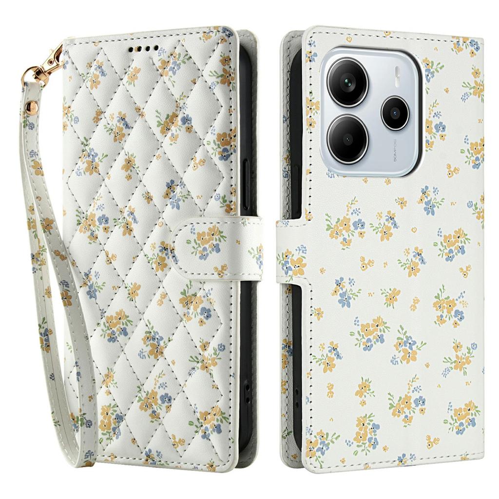 For Xiaomi Redmi Note 14 4G (163.25mm) Wallet Case Rhombic Floral Design Leather Flip Phone Cover with Strap