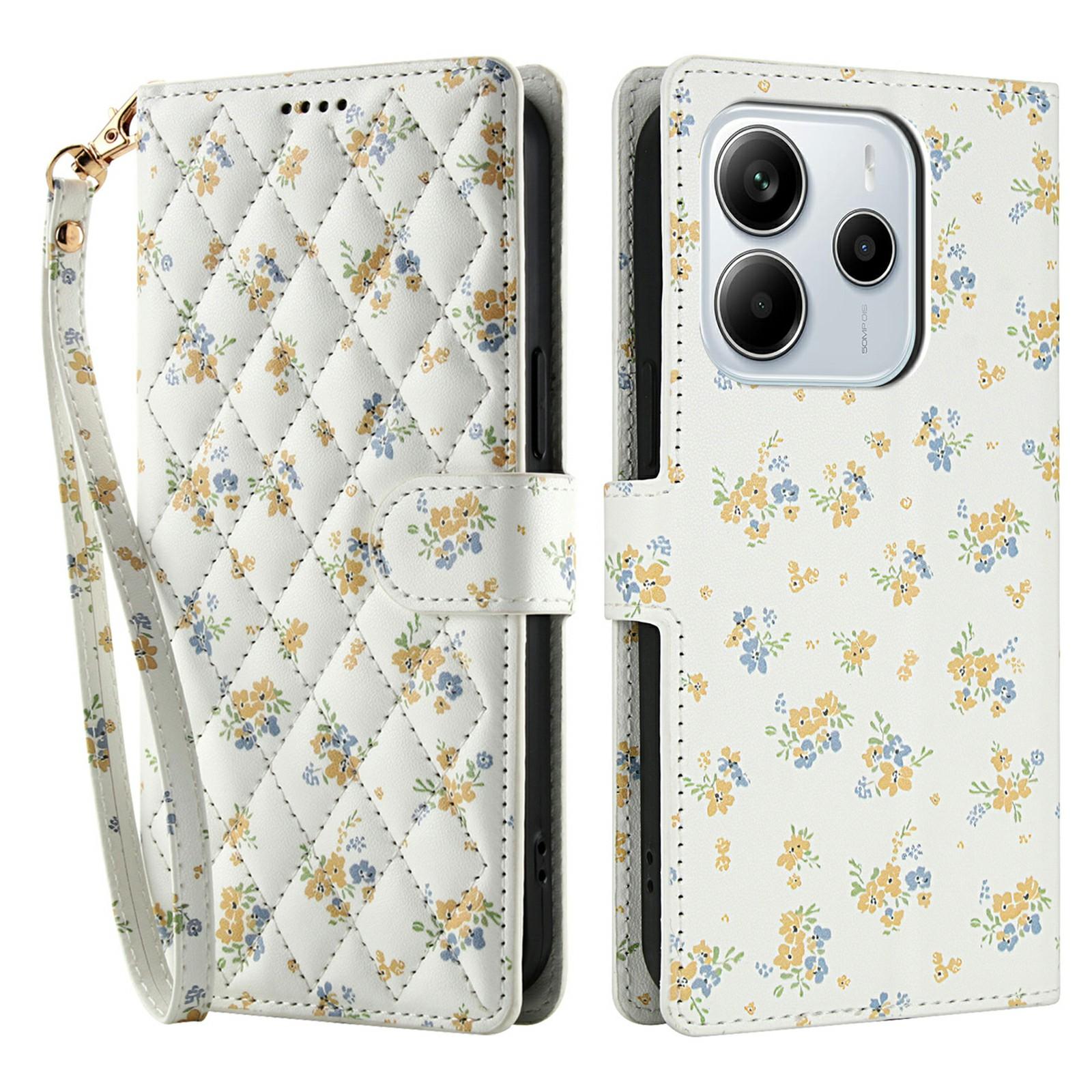 

For Xiaomi Redmi Note 14 4G (164.84mm) Wallet Case Rhombic Floral Design Leather Flip Phone Cover with Strap A5A