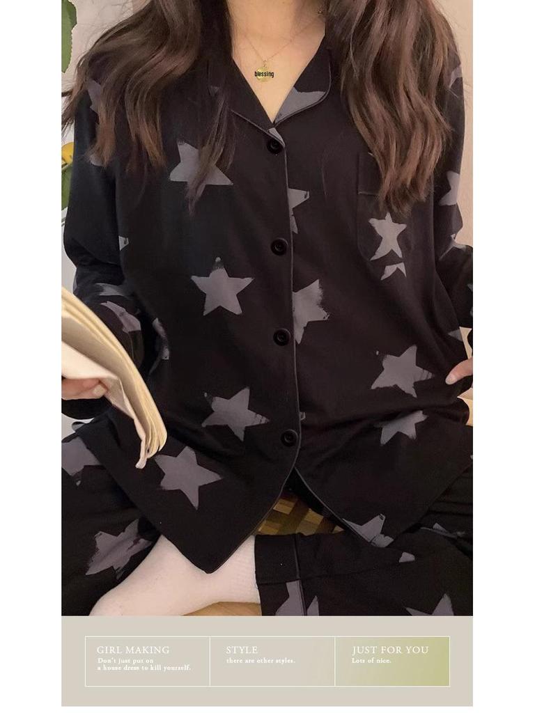Women's Star Print Long-Sleeve Pajama Set - Black