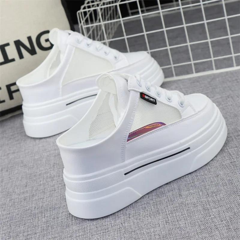 Fashion Mesh Breathable Slippers Women's 2024 Summer Outer Wear Thick Bottom Inner Heightened 8cm Slip-on Loafers Without Heel Sneakers