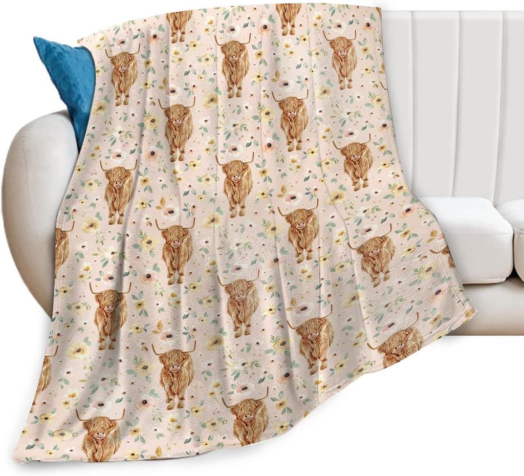 Highland Cow Print Fleece Throw Blanket , Ultra Soft Cozy Gift for Cow Lovers, Cute Animal Blanket for Couch Bed Decor