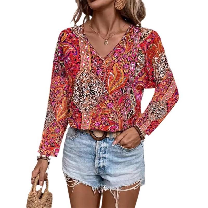 

Women s Boho Paisley Print V-Neck Long Sleeve Blouse - Loose Fit Casual Ethnic Style Top XXL червоний