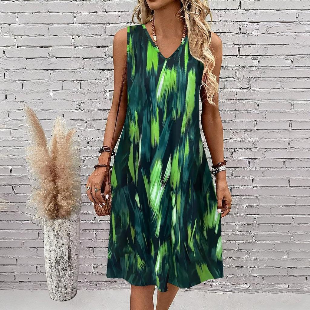Plus Size V Neck Sleeveless Dress Misty Mountain Bamboo Ink Print For Scenic Area Travel