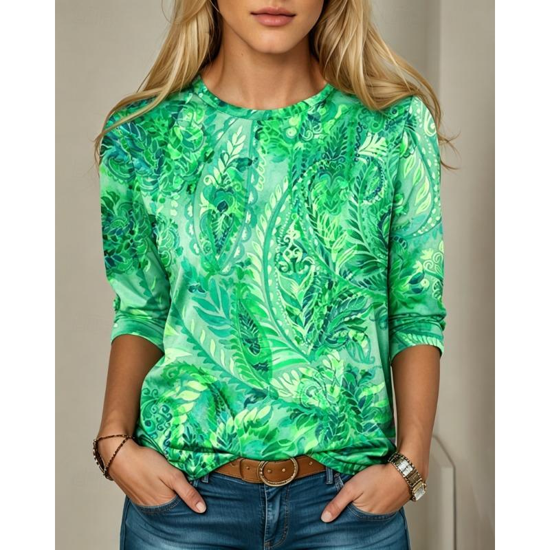 Women's Long Sleeve Crew Neck Teal Paisley Watercolor Print Casual T-Shirt, Regular Tops for Spring Summer Daily Wear