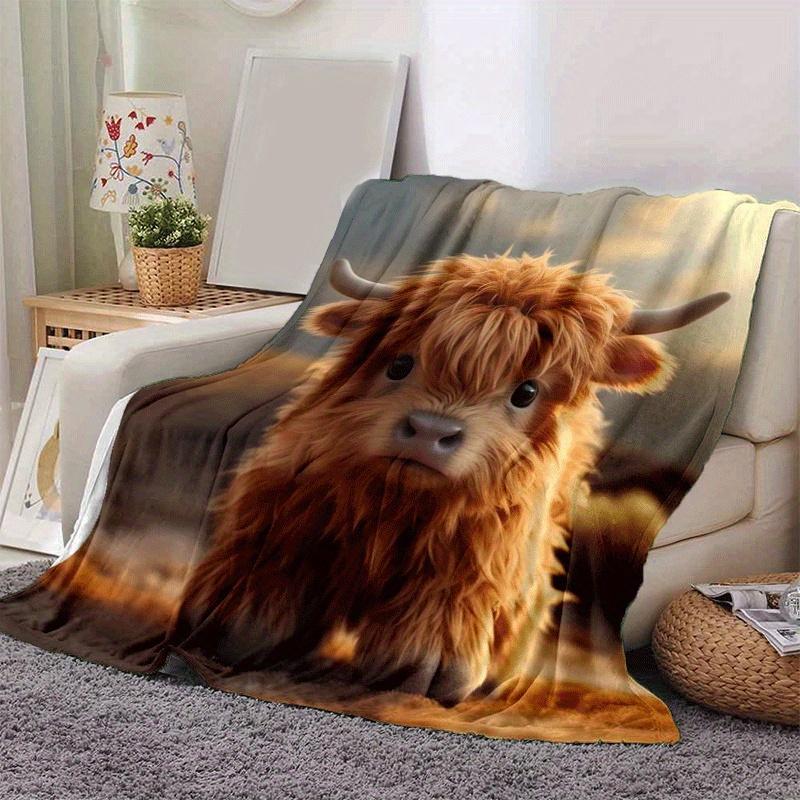 1pc Highland Cow Printing Lightweight Flannel Blanket, Comfortable and Warm Blanket, for Camping Sofa Bed and Couch Office, Gift