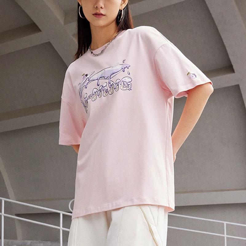 Li-Ning Cartoon Logo Print Round Neck Short Sleeve T-Shirt Women Tops Pink AHST564-3