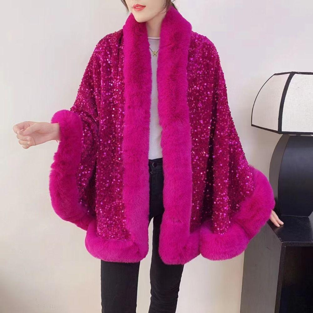 Warm Plush Shawl Autumn Winter Thicken Cardigan Soft Fur Collar Sequined Shawl