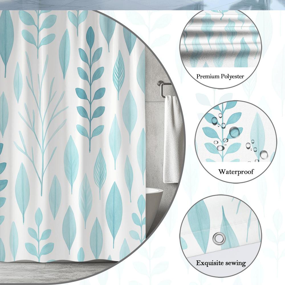 Hellblaues Blattmuster Duschvorhang Minimalistisches Naturdesign Moderne Badezimmerdeko Elegant Wasserdicht Kostenlose Haken Enthalten