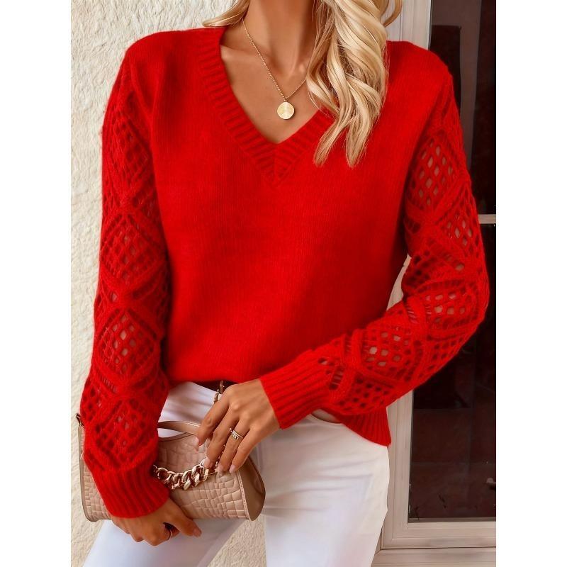 Pull squelette à manches longues pour femme, pull en crochet jacquard, col en V ample, tricot