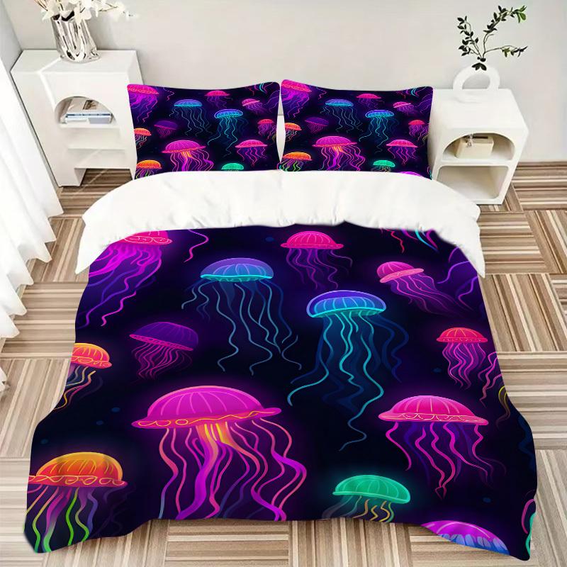 3pcs Jellyfish, Neon Print Bedding Set, Ideal for Home Use, Suitable for Bedroom Decor (1*Duvet Cover + 1/2*Pillowcases, No Core) yy250821180