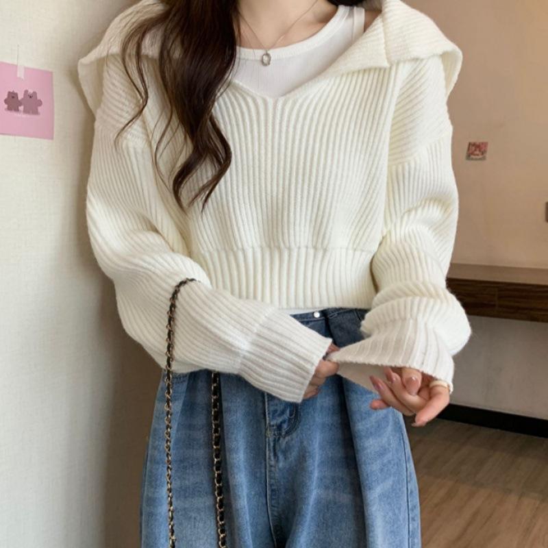 Утепленный свитер с темно-синим воротником, женский короткий верхний пуловер, свитер с длинными рукавами one size белый