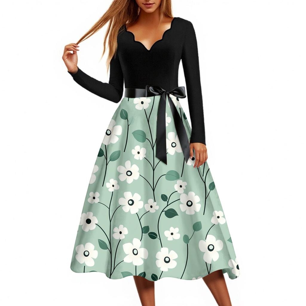 Women's Casual Fashion Floral Print Wave V Neck Vintage Dress
