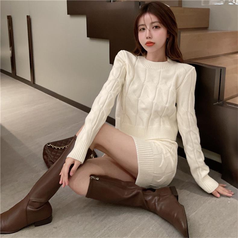2024 Zopfstrickpullover & Bodycon Minirock Set - Damen Slim Fit, Langarm, Hohe Taille, Lässiger Stil, Verdicktes Zweiteiler.