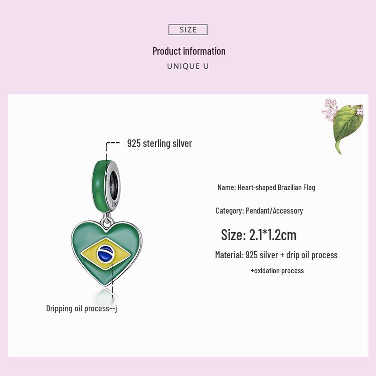 S925 Silver Brazilian Flag Heart Pendant with Green Enamel Drip