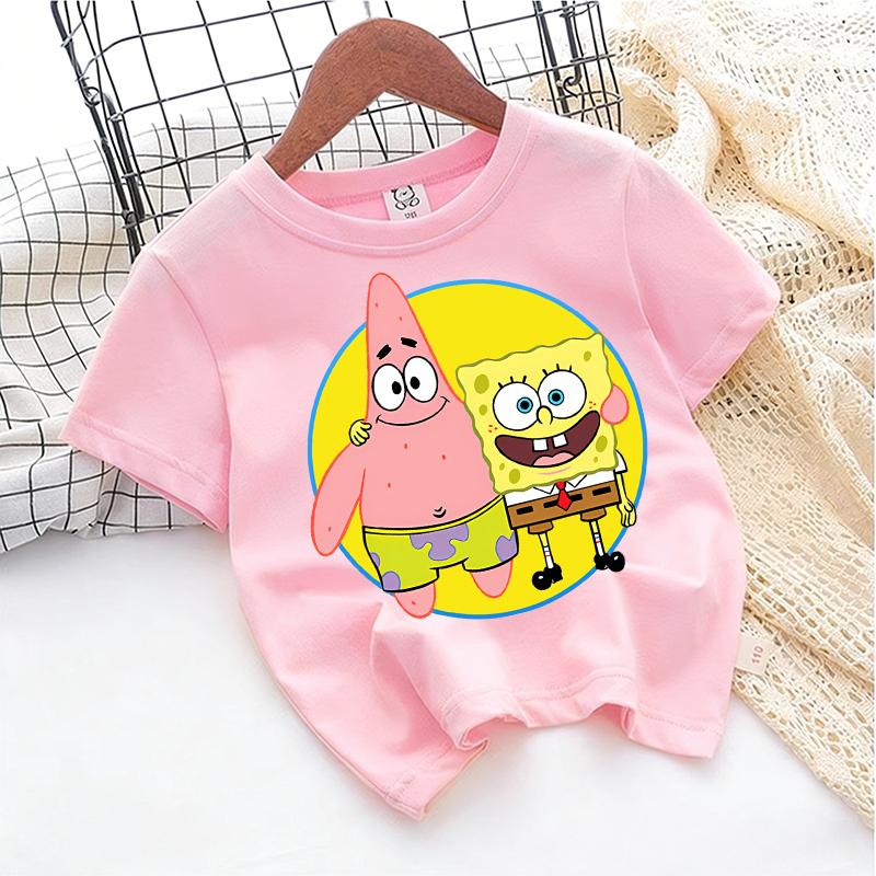 Cute SpongeBobs T-shirt Kids Anime Round Role Boys Girl Toddler Cotton Streetwear Tees Casual Short Sleeve Childern Clothes Tops