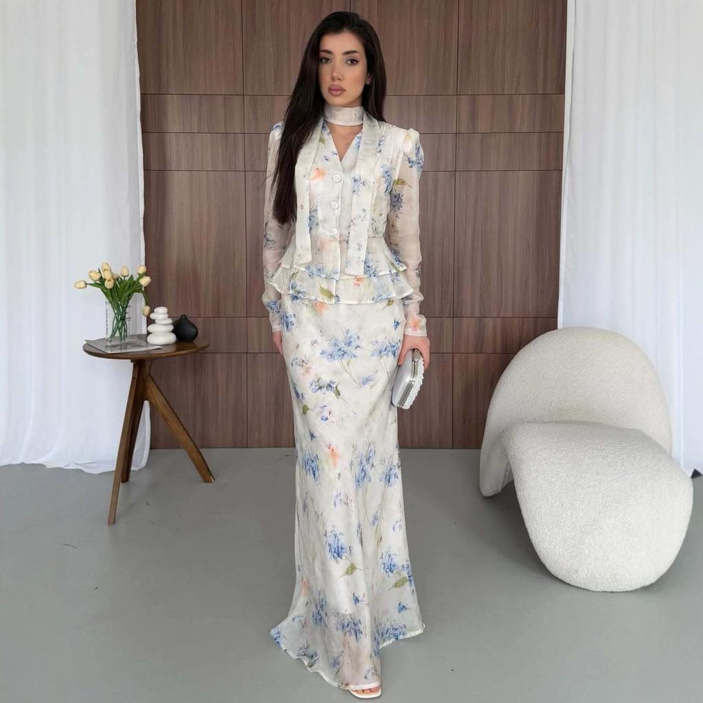 Cross-border European Beautiful Woman Floral V-neck Lace-up Waist Ruffle Edge Long-sleeved Top A Word Casual Skirt Set