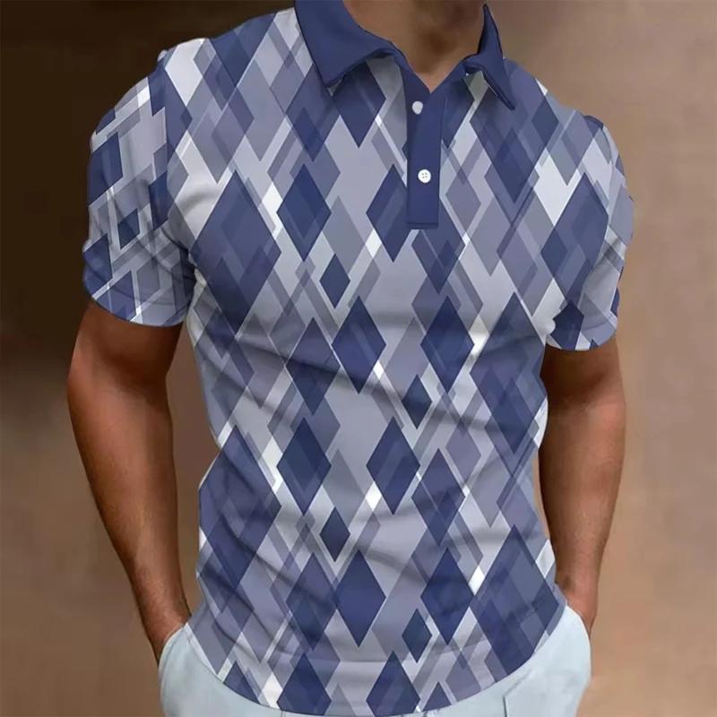 Fashion Men's Polo T-shirt 3D Patchwork Checkered Printed Street Top Daily Casual Short Sleeved Men's Clothing