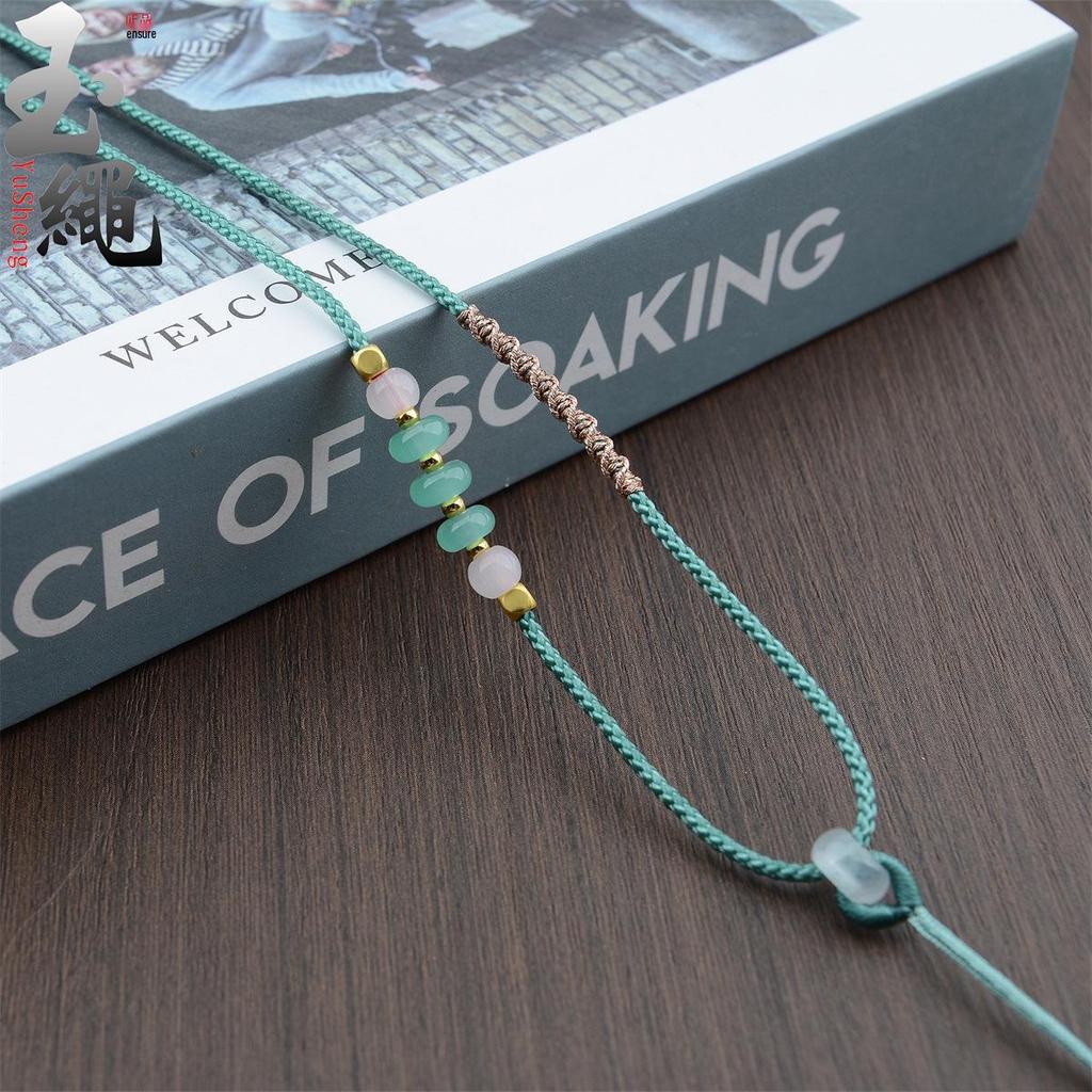 Handwoven Adjustable Jade Pendant Lanyard Necklace - Thin Gold Rope Style