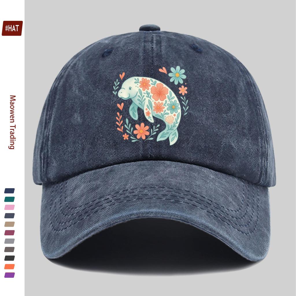 Pc Floral Manatee Fresh Cartoon Print Baseball Cap Travel Leisure Printed Sun Hat Party Decorative Hat Multiple Colors Avail