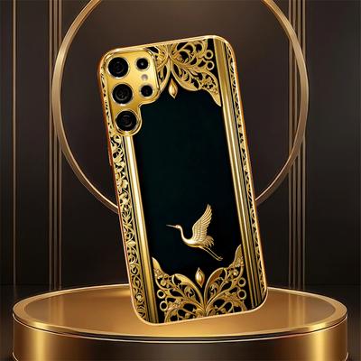 Black Gold Luxurious Golden Crane High-end Electroplating Glass PhoneCase for Samsung Galaxy S26 S25 S24 S23 S22 FE,Ultra,Plus