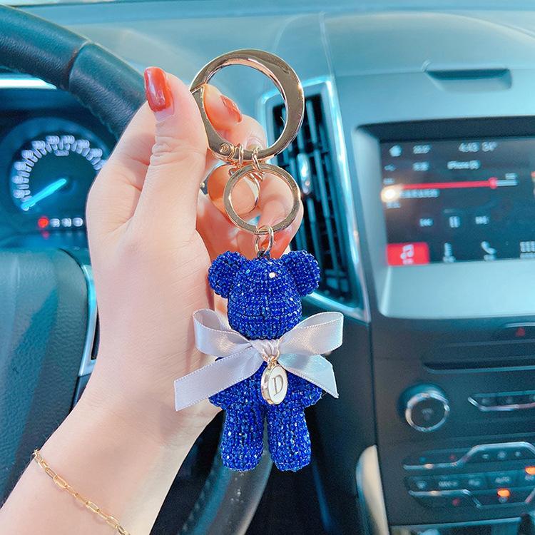 Luxury Jewelry Full Rhinestones Bear Car Key Chain Creative Letter Big Button Key Chains Bag Pendant Doll  Party Gifts For Women