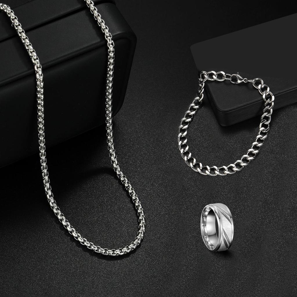Stainless Steel Cuban Chain Bracelet & Ring Set - Men's Fashion