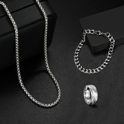 Stainless Steel Cuban Chain Bracelet & Ring Set - Men's Fashion