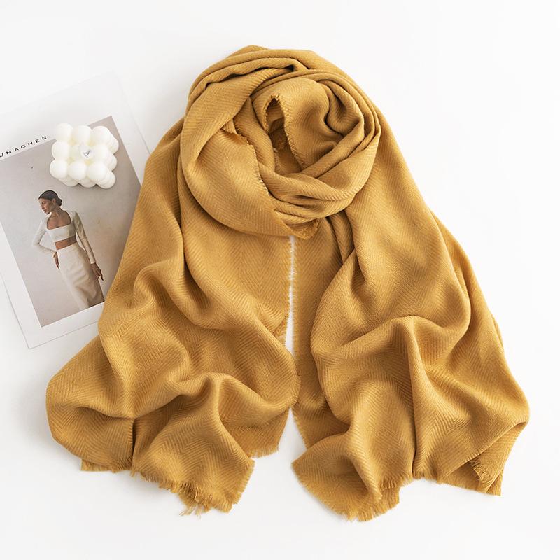 New Herringbone Pattern Single Color Versatile Imitation Cashmere Scarf for Women Simple Casual Style Tassel Warm Shawl