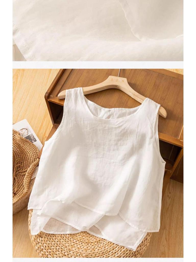 Dámská bavlněná lněná tílko nadměrné velikosti - Volný střih Retro minimalistický design