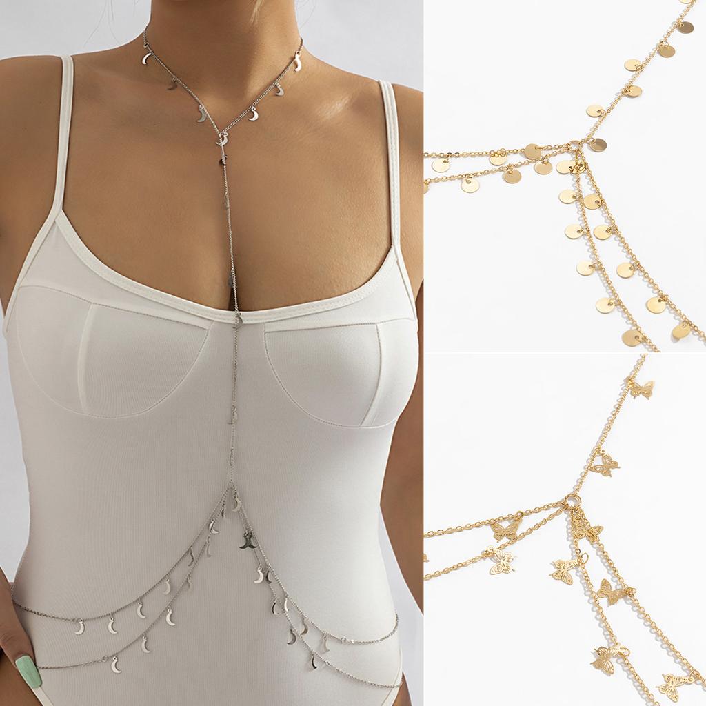 Accessoires, Sexy Schmetterling Halbmond Quaste Körperkette Damen, Geometrisch U-förmig Kreuz Pailletten Kleidungskette