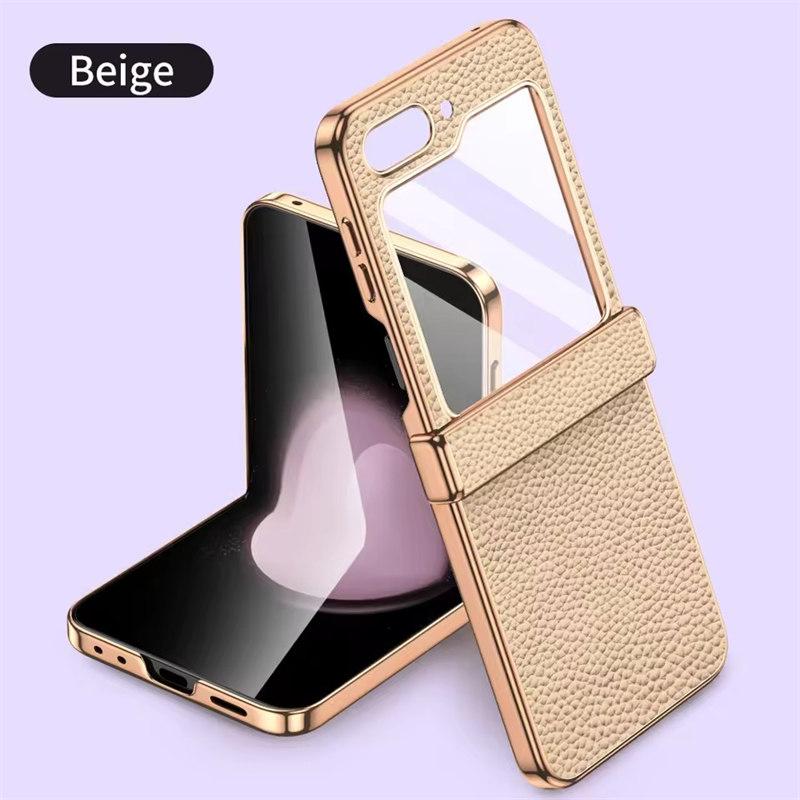 Telefonveske av okseskinn til Samsung Galaxy Z Flip6 Flip5 Flip 6 5 ZFlip5 Luksus hengselbeskyttelsesdeksel med herdet glass