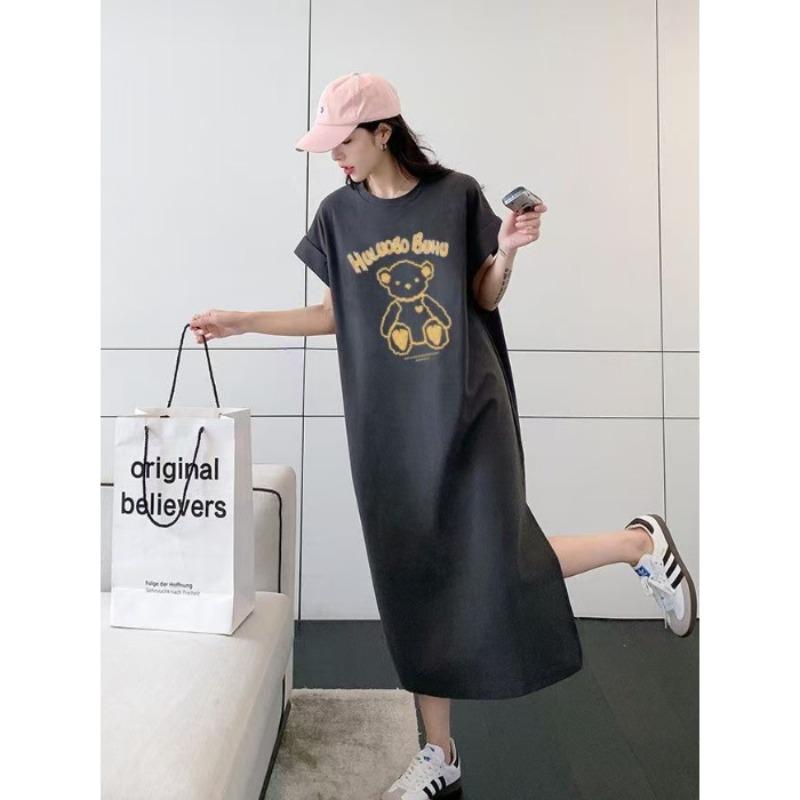 Fun Cartoon Short-sleeved T-shirt Dress for Women, Slimming Long Dress, Knee-length Dress