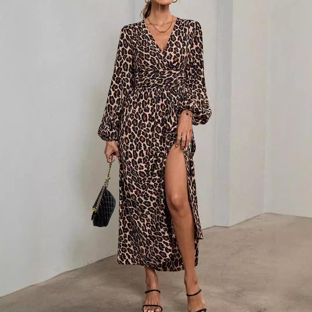 Women Dress Autumn Winter Women's Lantern Sleeve Dress Smocked Design High Slit Elegant Long Sleeve Midi Dress