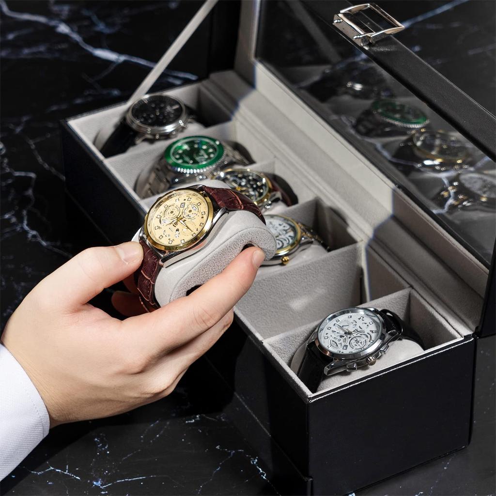 ProCase Boîte de Rangement pour Montres à 6 Emplacements avec Boîte de Montre avec Verre 2 Couches Support Organisateur de Rangement pour Bijoux Boîte pour Homme, Tiroir, Couvercle pour Homme,