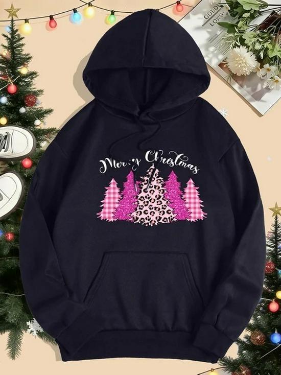 Women's Loose Pink Christmas Tree Hoodie Sweatshirt
