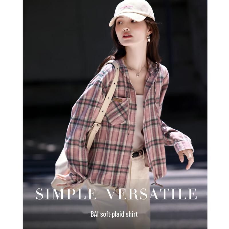 Women s Korean Fashion Plaid Hooded Long Sleeve Shirt L