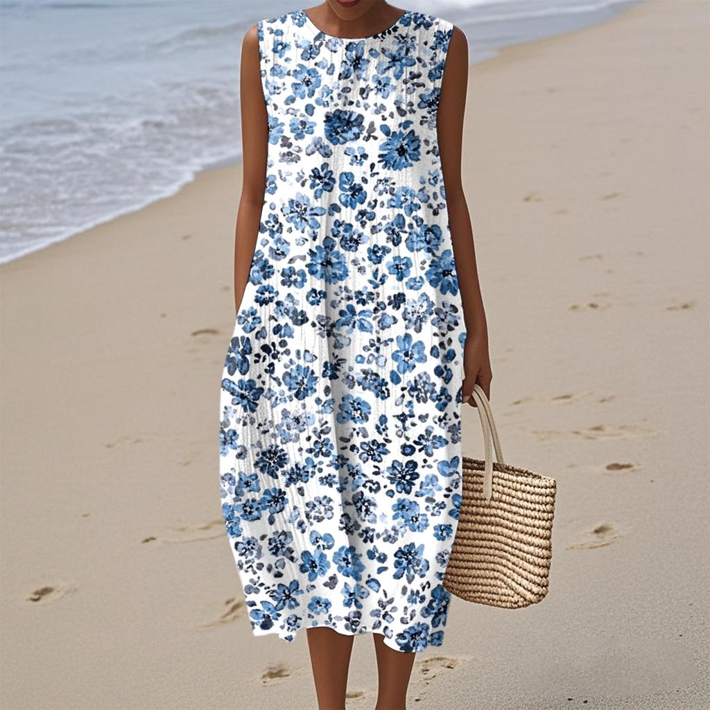 Women's Fashion Casual Sleeveless Round Neck Floral Elegant Temperament Dress